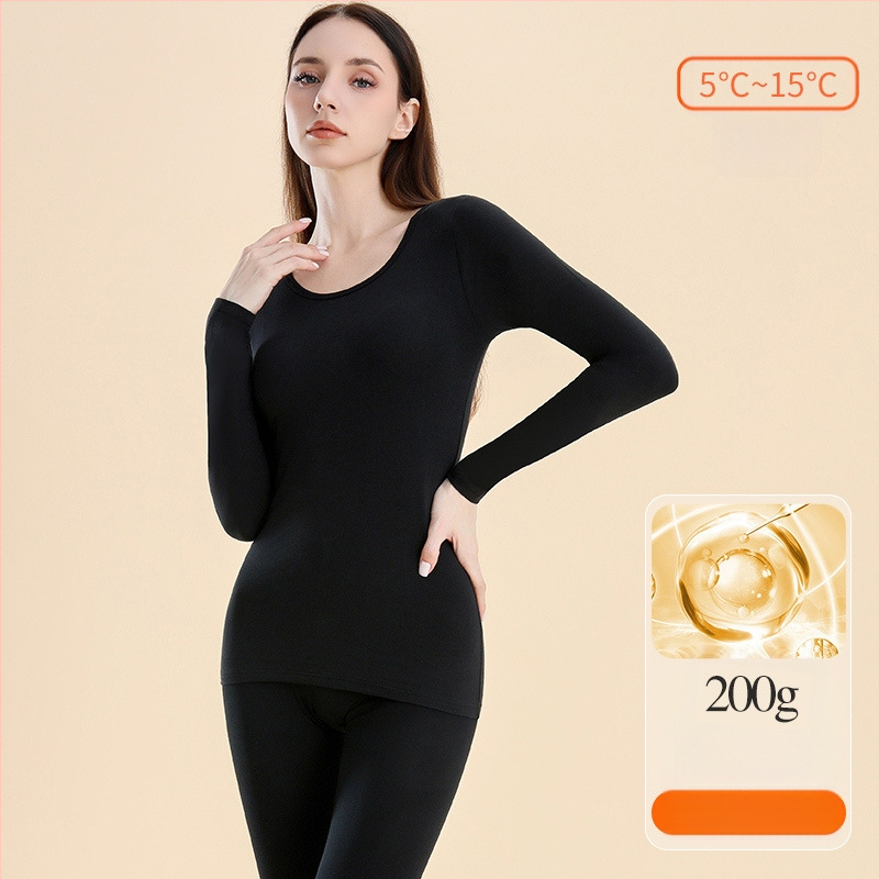 Moterų terminis komplektas: bazinio viršaus ir kelnių komplektas, medvilnė, vidutinio tankio 181–200 g/m², apvali kaklo linija, ilgos rankovės, vieno sluoksnio