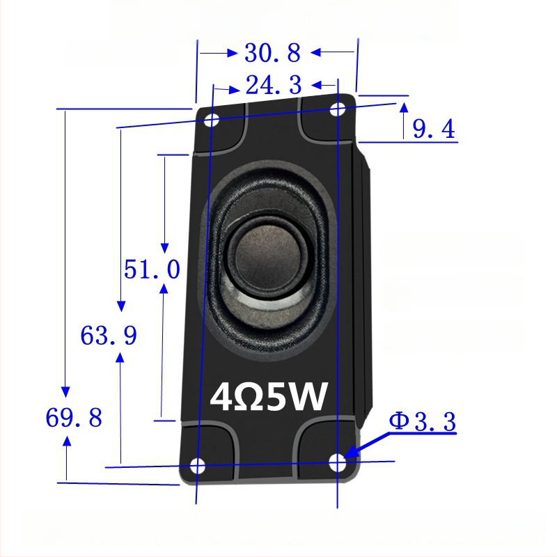 Stačiakampio formos garsiakalbio korpusas 3070, 4 Ω, 3 W, pilnas diapazonas, koaksialinis, 50-30000 Hz