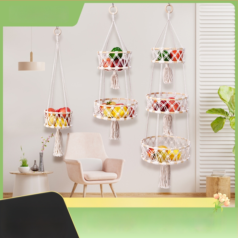 Käsitsi kootud puuvillalõngast hoiukorv bambusrõngaga, mitmekihiline rippkorv puuviljade ja köögiviljade jaoks, sulgade boheemlase stiili dekore