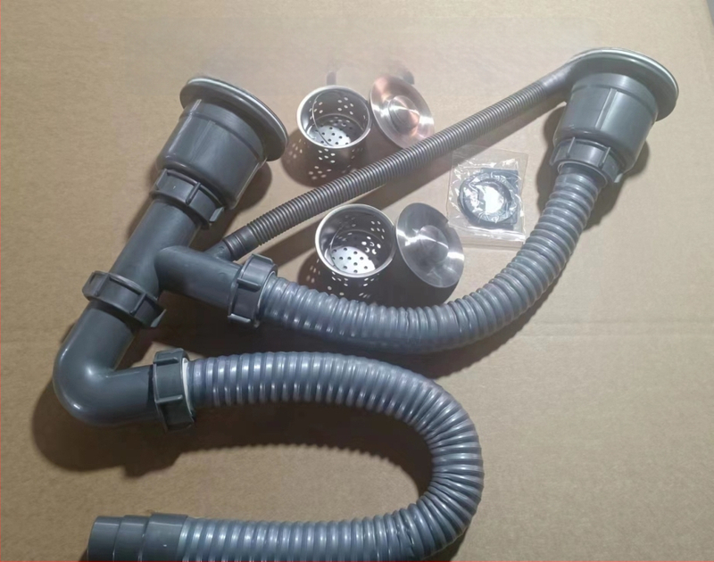 Köögi topeltnõu drenaaži komplekt lõhnade neutraliseerimise funktsiooniga (mall 50 toru, plastik, topeltpeaga disain, tõstetav tüüp)