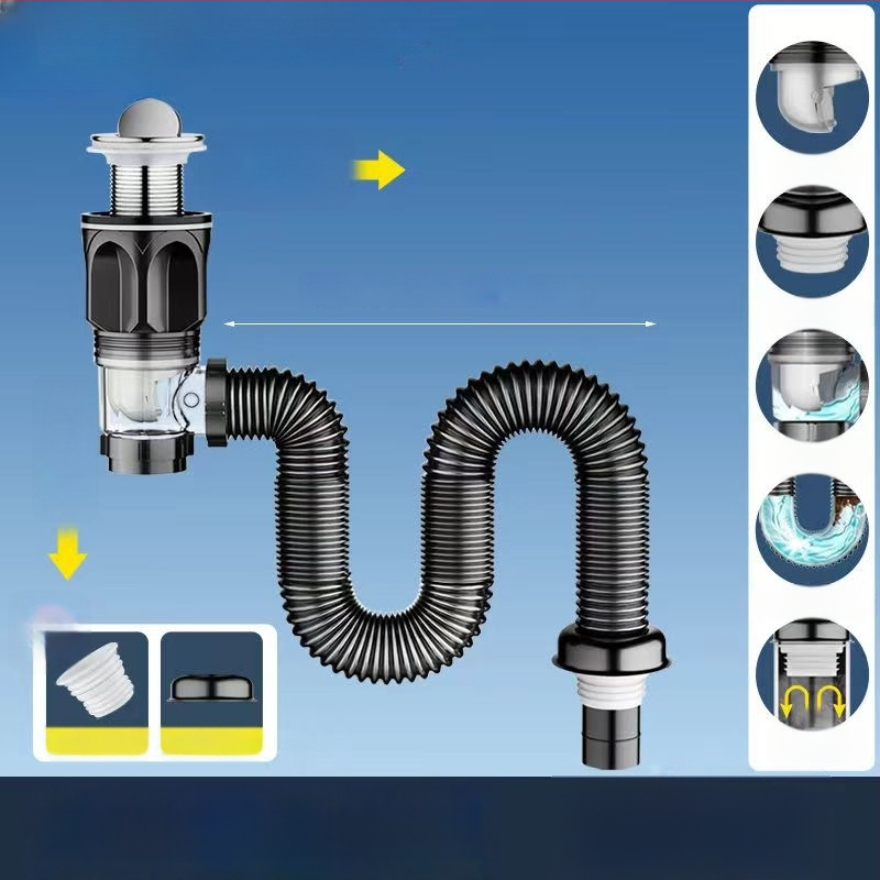 Vannitoa kraanikausi äravoolu komplekt lõhnade vältimiseks, materjal ABS, vorm P-bend, tüüp flip, mudel Brushed horizontal row, bränd Long Whale