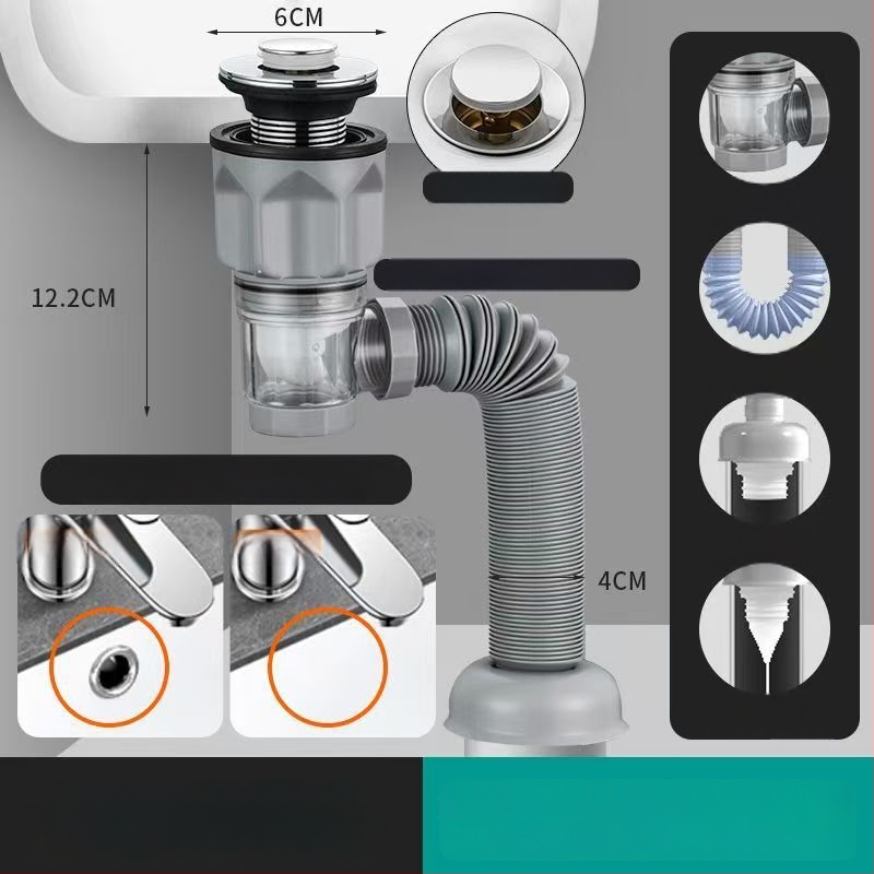 Vannitoa kraanikausi äravoolu komplekt lõhnade vältimiseks, materjal ABS, vorm P-bend, tüüp flip, mudel Brushed horizontal row, bränd Long Whale