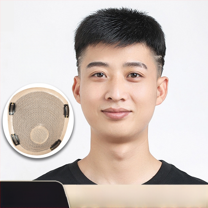 Vyrinė parukos blokas viršutinei galvos daliai, mechaniniu būdu pagamintas, iš žmogaus plaukų, galima garbanoti arba dažyti, dengia plikimą