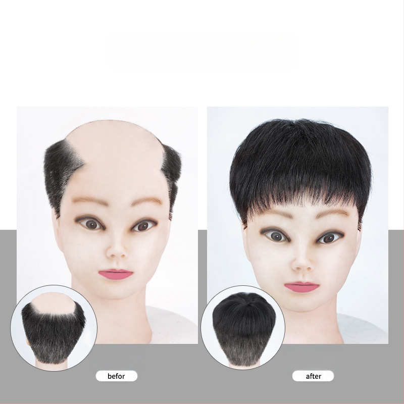 Vyrinė parukos blokas viršutinei galvos daliai, mechaniniu būdu pagamintas, iš žmogaus plaukų, galima garbanoti arba dažyti, dengia plikimą