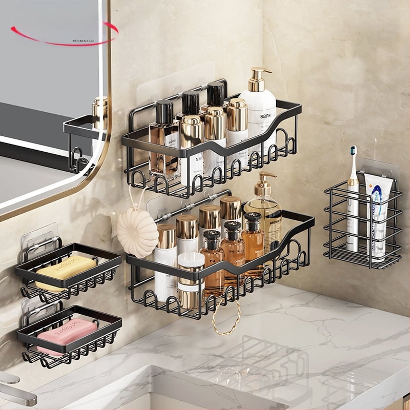 Kúpeľňový nástenný úložný regál – bez vŕtania, päťdielny set, oceľ z uhlíka, povrchová úprava pečenou farbou, nosnosť 5 kg