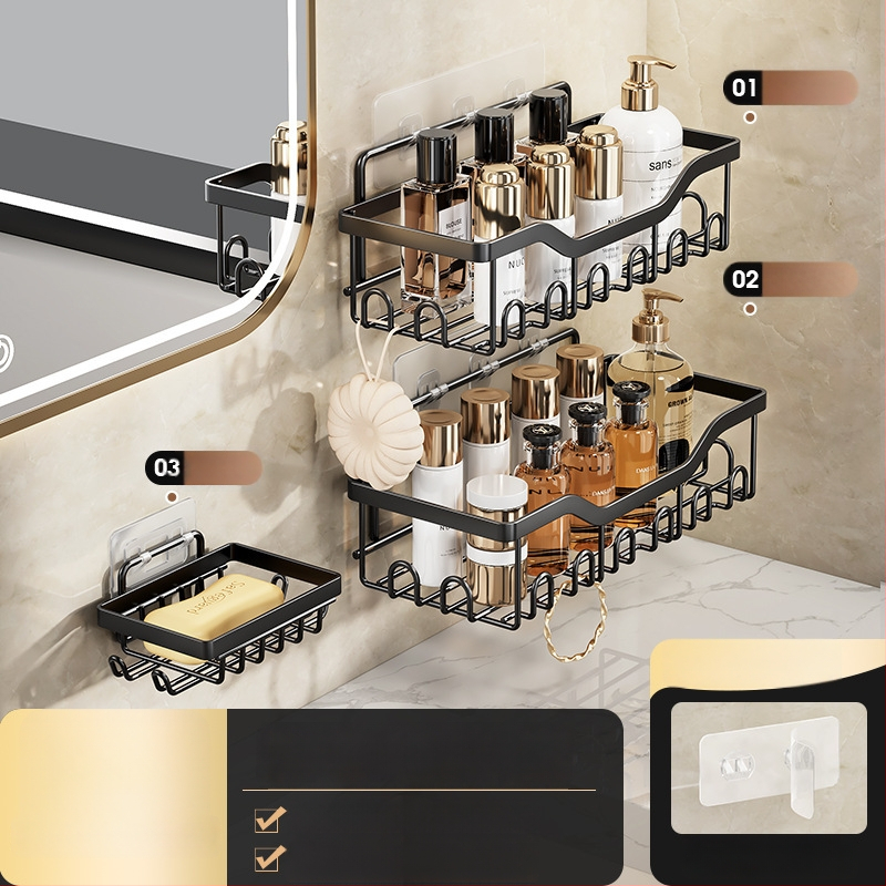 Kúpeľňový nástenný úložný regál – bez vŕtania, päťdielny set, oceľ z uhlíka, povrchová úprava pečenou farbou, nosnosť 5 kg