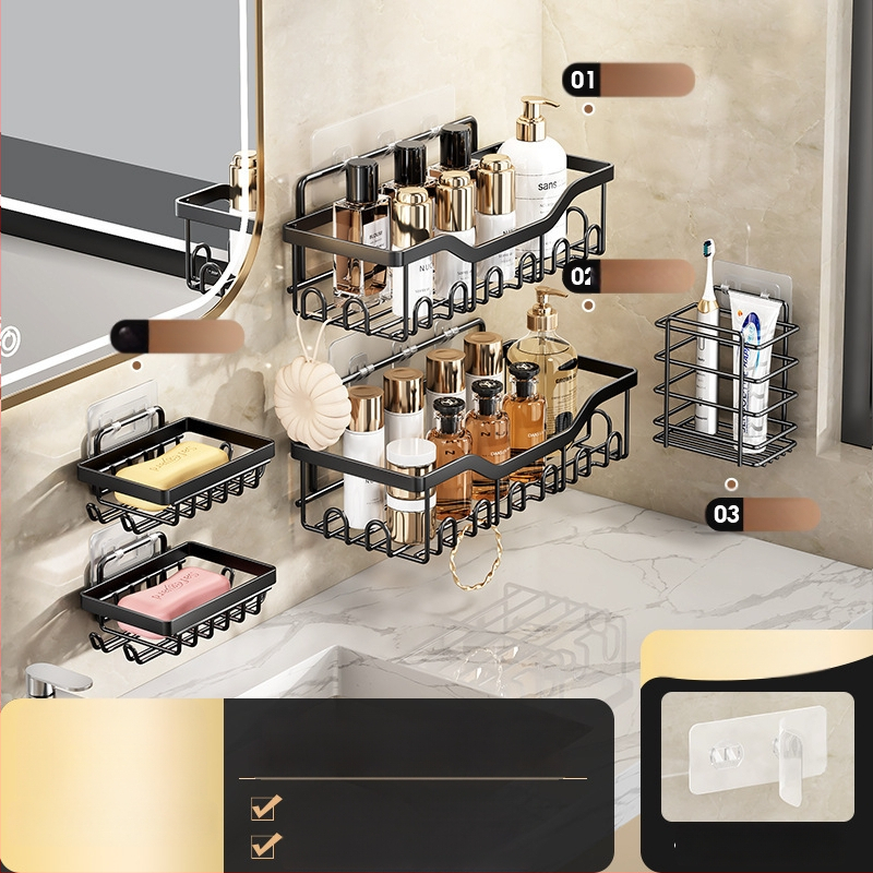 Kúpeľňový nástenný úložný regál – bez vŕtania, päťdielny set, oceľ z uhlíka, povrchová úprava pečenou farbou, nosnosť 5 kg