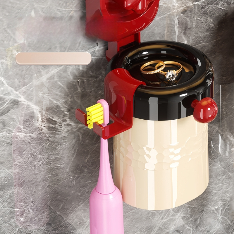 Qiwang Dantų šepetėlio laikiklis su siurbimo puodeliu ir skalavimo puodelių komplektu, sieninis montavimas, plastikas