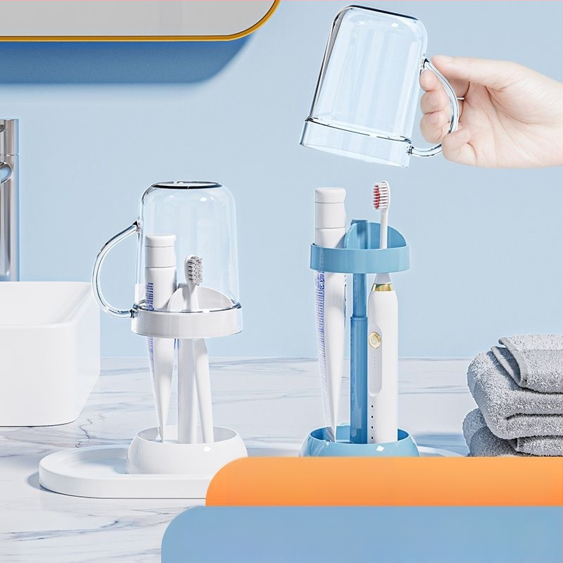 Nástenný držiak na zubné kefky s úložnou skrinkou na pohár, plastový, kód YJ998