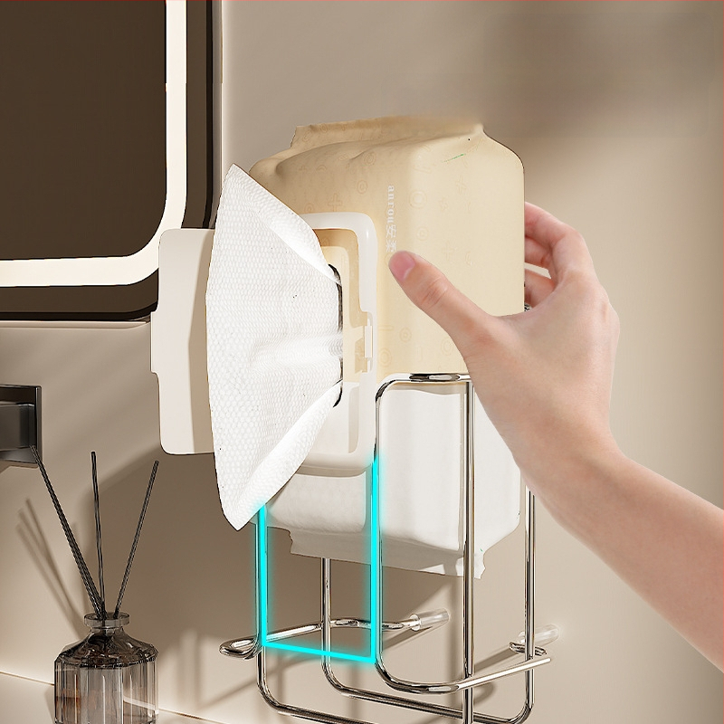 Nástenný stojan na vlhké vreckovky a toaletný papier • nerezová oceľ • elektroplátovaná povrchová úprava • štvorcový dizajn • moderný minimalistický štýl