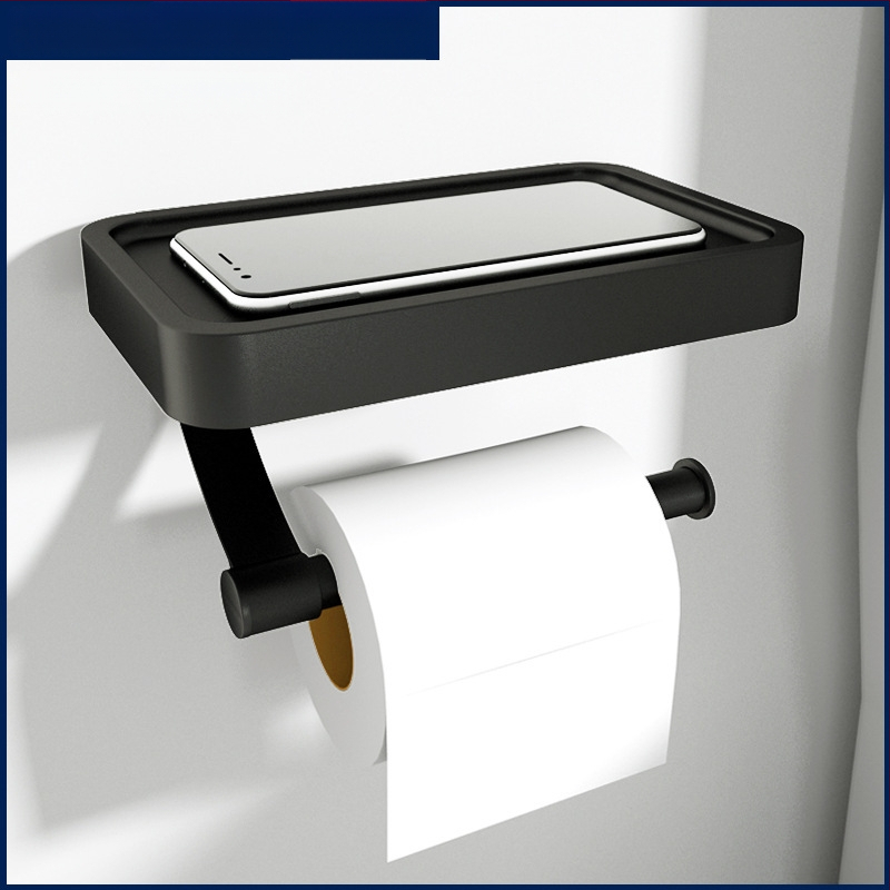Nástenný hliníkový dvojposchodový držiak na toaletný papier a organizér na telefón, bez vŕtania, kúpeľňový regál