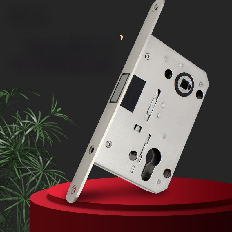 Korpus zámku z nehrdzavejúcej ocele, model RML-35, neviditeľná magnetická jazýček, rozstup otvorov 55×72 mm, vhodný pre drevené dvere