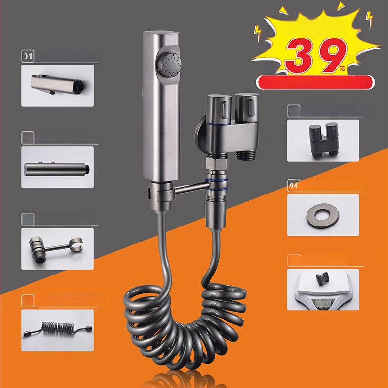 Sprchová pištoľ na WC s funkciou jedného vstupu a dvoch výstupov, vysoký tlak, mosadzné telo, montáž s gombom, model 1123