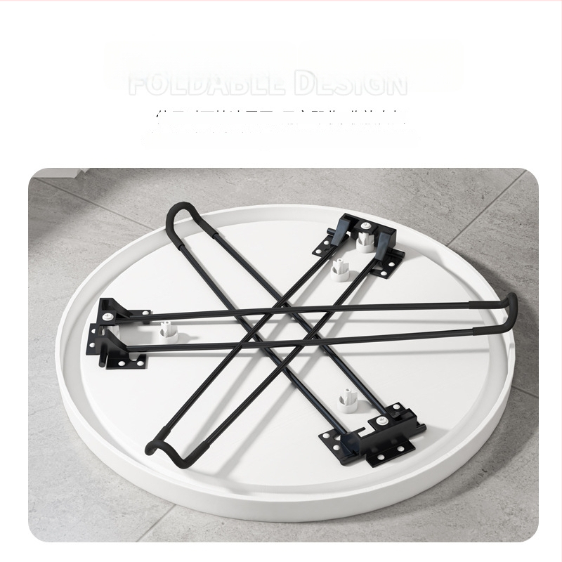 Sulankstomas apvalus plastikinis šoninis staliukas su nerūdijančio plieno rėmu, pritaikomas.