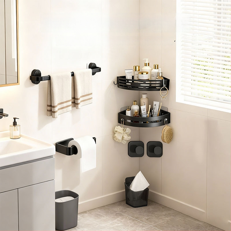 Vonios saugyklos rinkinys iš plastiko, modernus minimalistinis stilius, paviršiaus apdirbimas injekciniu liejimu, 4 dalių komplektas arba didesnis, įtraukti rankšluosčių laikiklis, kabliukai ir tripodinė lentyna