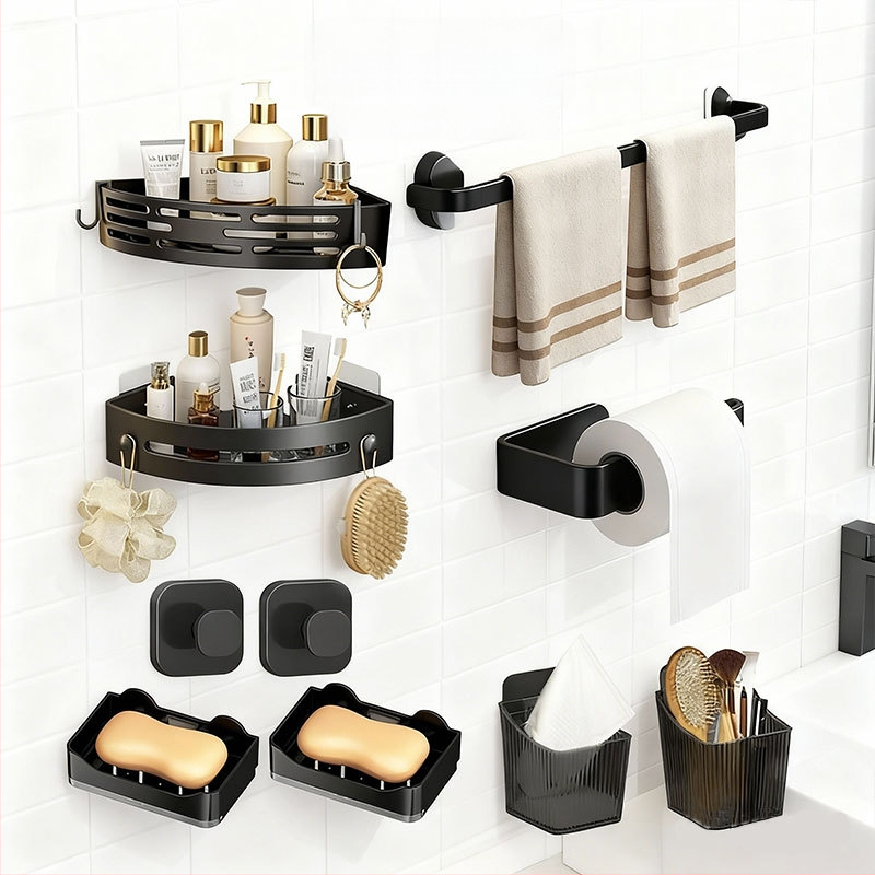 Vonios saugyklos rinkinys iš plastiko, modernus minimalistinis stilius, paviršiaus apdirbimas injekciniu liejimu, 4 dalių komplektas arba didesnis, įtraukti rankšluosčių laikiklis, kabliukai ir tripodinė lentyna