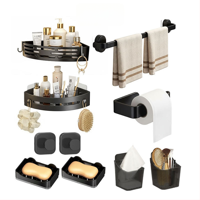 Vonios saugyklos rinkinys iš plastiko, modernus minimalistinis stilius, paviršiaus apdirbimas injekciniu liejimu, 4 dalių komplektas arba didesnis, įtraukti rankšluosčių laikiklis, kabliukai ir tripodinė lentyna