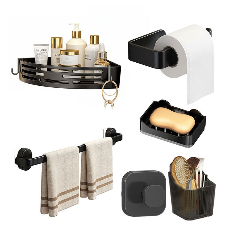 Vonios saugyklos rinkinys iš plastiko, modernus minimalistinis stilius, paviršiaus apdirbimas injekciniu liejimu, 4 dalių komplektas arba didesnis, įtraukti rankšluosčių laikiklis, kabliukai ir tripodinė lentyna