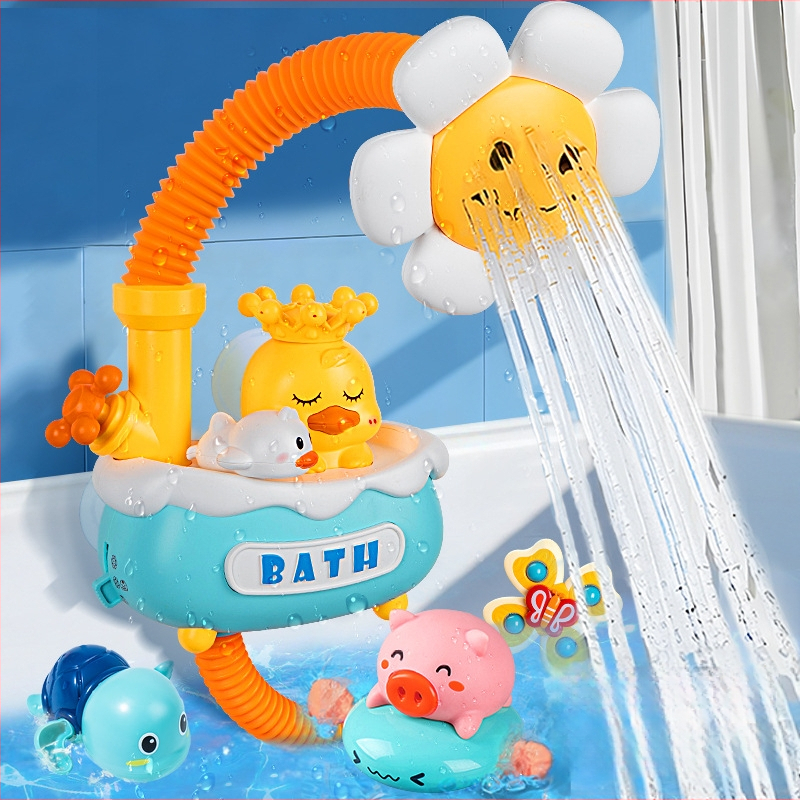 Plastmasinis vonios žaislas formos antis su elektriniu vandens purškimu ir automatišku vandens sugėrimu; interaktyvus vonios žaislas