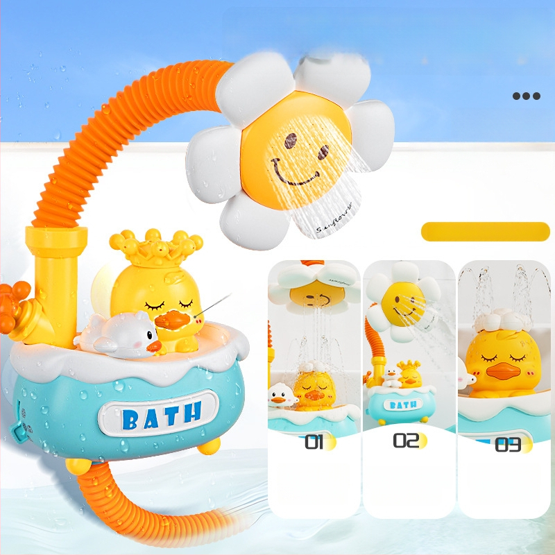 Plastmasinis vonios žaislas formos antis su elektriniu vandens purškimu ir automatišku vandens sugėrimu; interaktyvus vonios žaislas