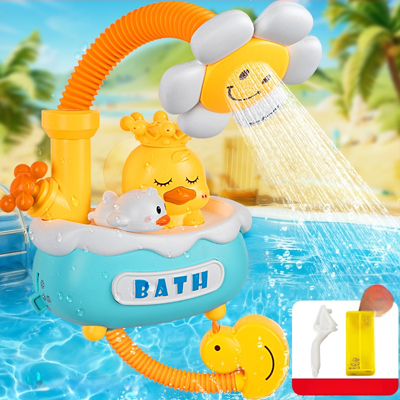 Plastmasinis vonios žaislas formos antis su elektriniu vandens purškimu ir automatišku vandens sugėrimu; interaktyvus vonios žaislas