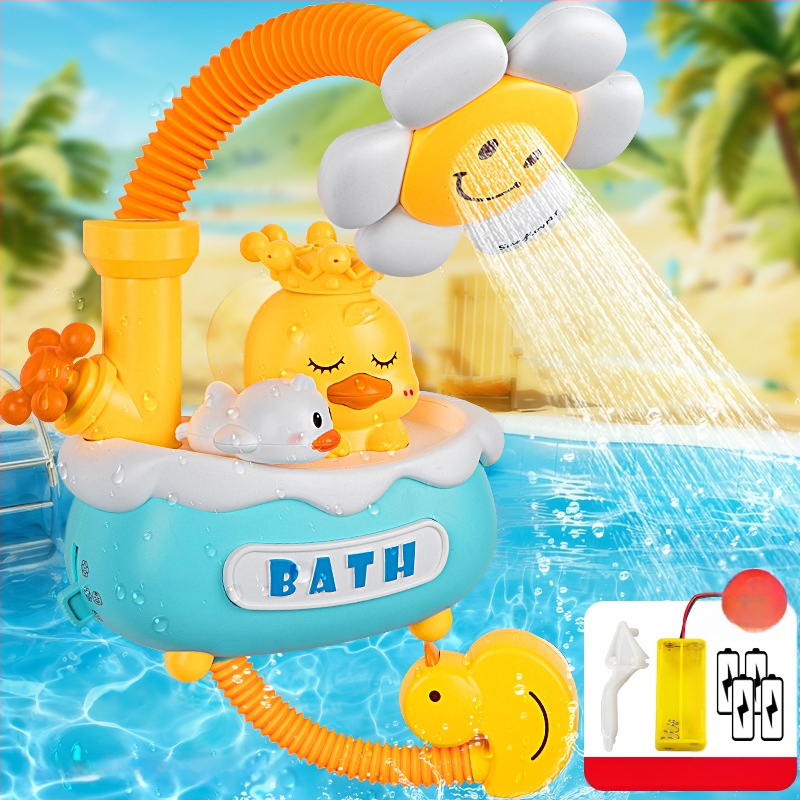 Plastmasinis vonios žaislas formos antis su elektriniu vandens purškimu ir automatišku vandens sugėrimu; interaktyvus vonios žaislas
