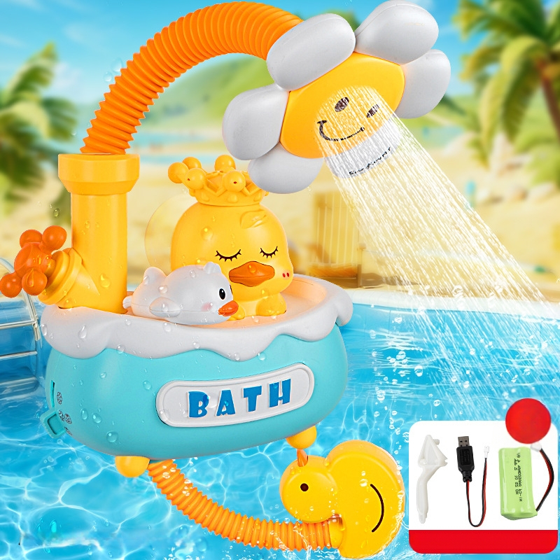 Plastmasinis vonios žaislas formos antis su elektriniu vandens purškimu ir automatišku vandens sugėrimu; interaktyvus vonios žaislas