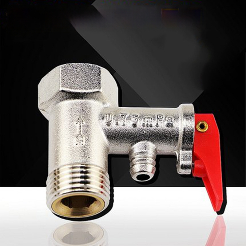 Elektrinio vandens šildytuvo apsaugos slėgio vožtuvas su sriegiais DN15, 20 mm srautas, 20 L/min, darbo slėgis 0,8 MPa, karštas vanduo iki 90°C.