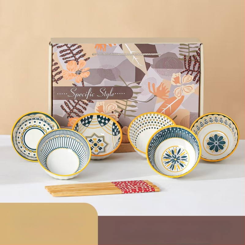 Nordický štýl keramických misiek v darčekovej krabičke, 12 kusov, kvetinový vzor, pod glazúrou