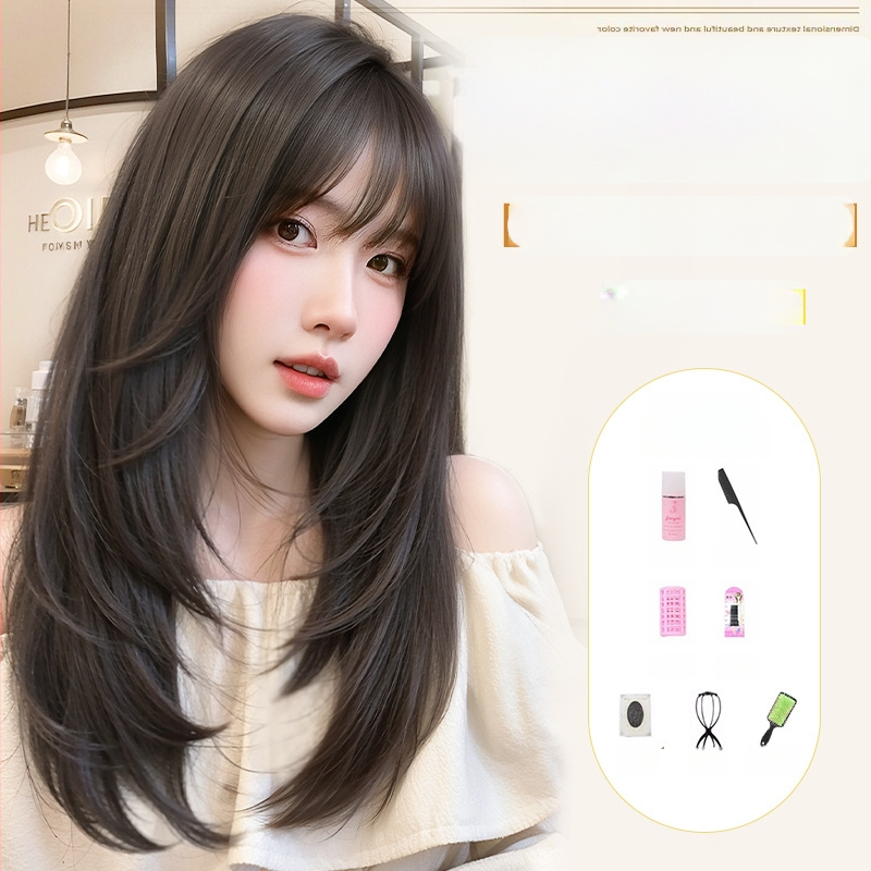 Sieviešu garā taisnu matu parūka — dabisks stils, augstas temperatūras izturīgas šķiedras, mašīniskā ražošana