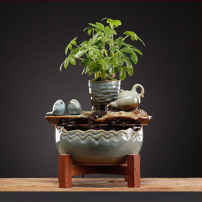 Keramikinis stalinis vandens dekoras, naujojo kinų stiliaus, rankų dažytas, glazūruotas paviršius, su vandens cirkuliacija (keramika; rankų dažymas; glazūruotas paviršius; naujojo kinų stilius; vandens cirkuliacija)