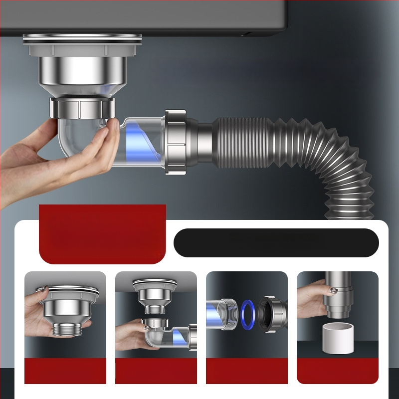 Nõudepesuvanni drenaažitoru – külgmontaaž, tõstetav tüüp, lõhna vastu, kaasaegne minimalistlik stiil