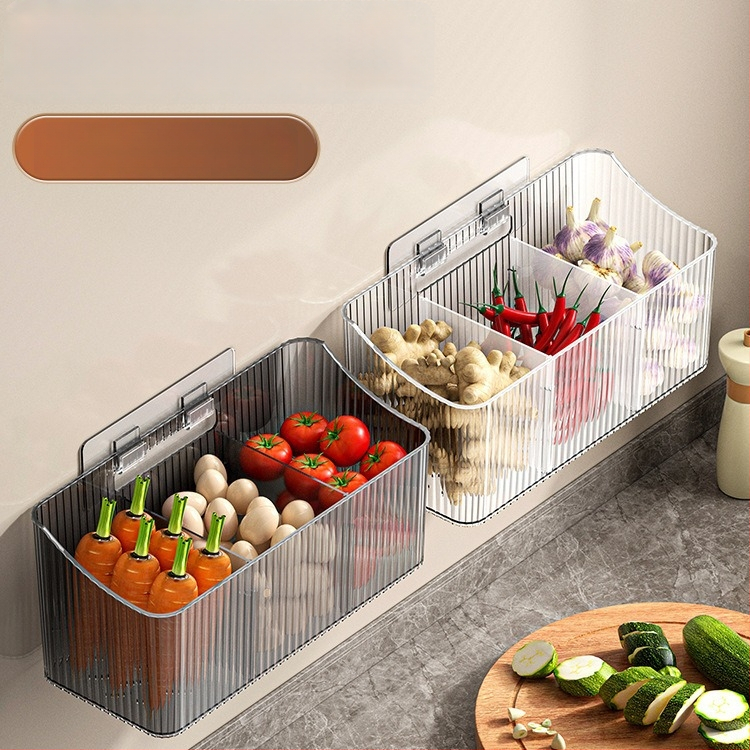 Skaidrus sieninis sandėliavimo krepšelis česnakui, imbierui ir svogūnams – plastikas, be skylių, virtuvės organizatorius