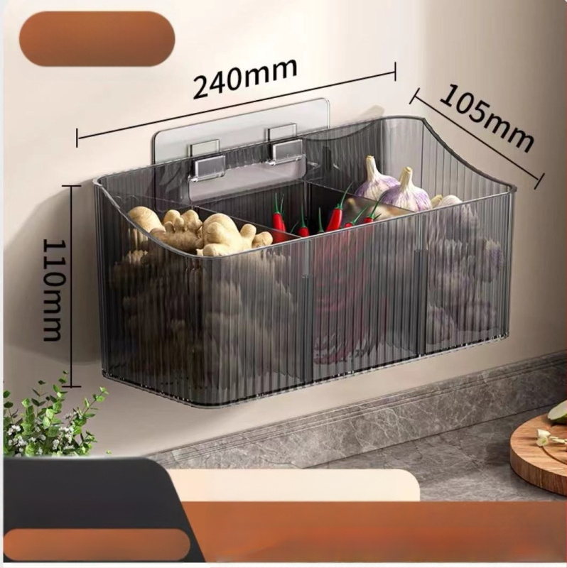 Skaidrus sieninis sandėliavimo krepšelis česnakui, imbierui ir svogūnams – plastikas, be skylių, virtuvės organizatorius