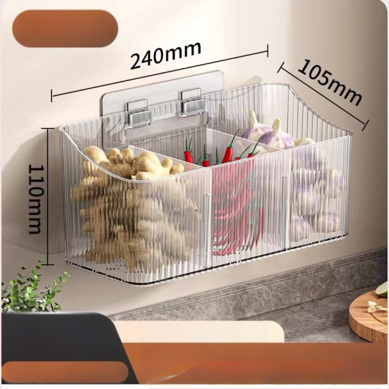 Skaidrus sieninis sandėliavimo krepšelis česnakui, imbierui ir svogūnams – plastikas, be skylių, virtuvės organizatorius