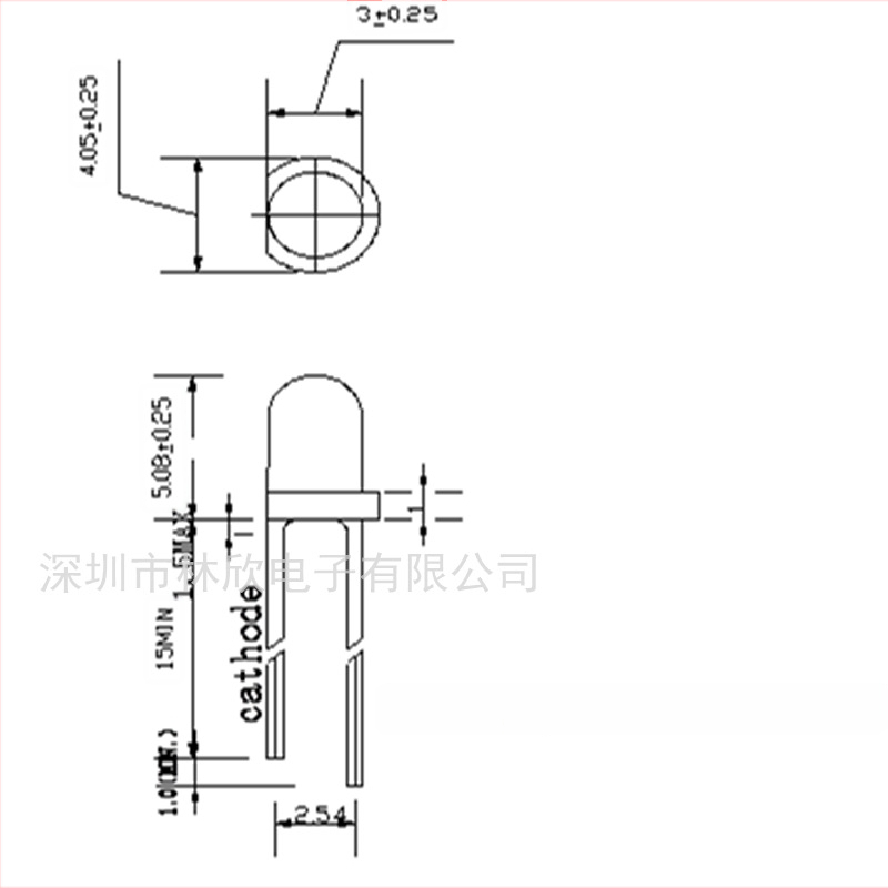 LED lampos karoliukas, oranžinės spalvos, kištukiniai, apvalios galvutės 3.0 mm, darbinė įtampa 2.0 V, srovė 20 mA, bangos ilgis 600–610 nm, spindulio kampas 30°, San'an lustas