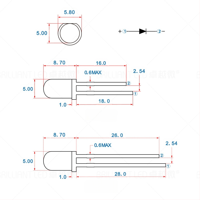 F5 LED lemputės karoliukas, 20 mA, 3.0–3.4 V, 0.06 W, 20° sklaidos kampas, Sanan čipas