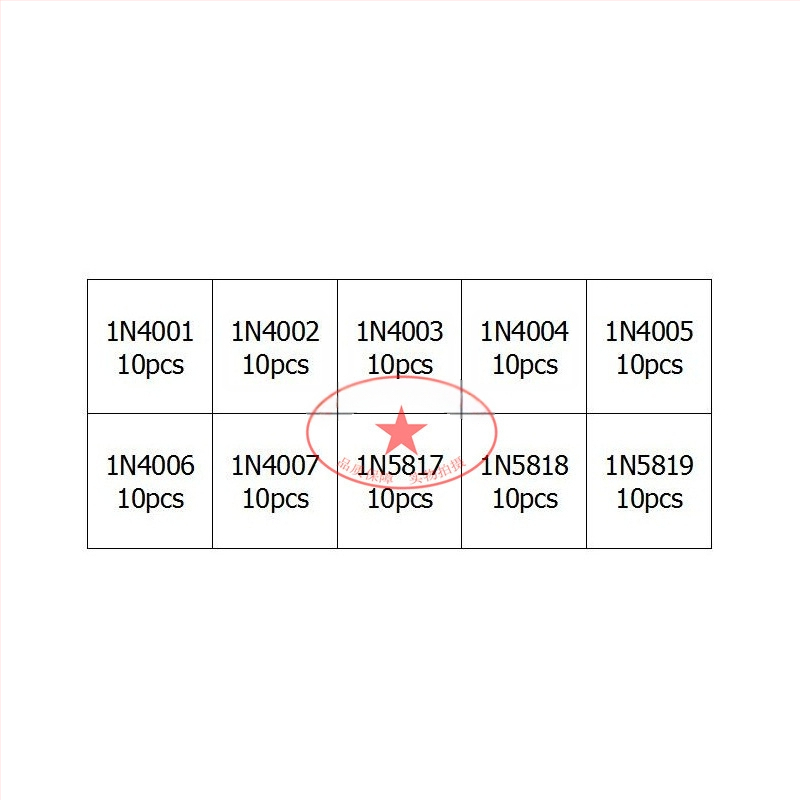 Aemedy pavyzdžių rinkinys lyginamosioms diodoms 1N4001 ir IN5819 buities prietaisams