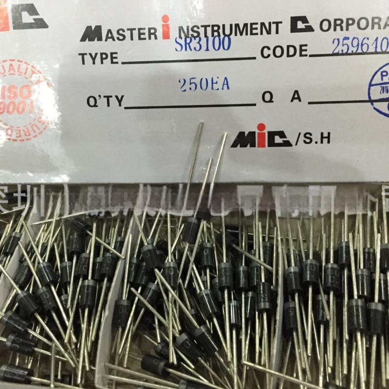 Schottky diodų SR3100 - 3 A, 100 V, Vf 100, 2 kontaktai, 25–150 °C