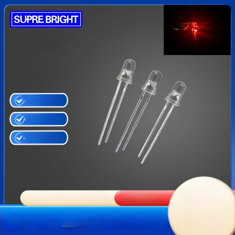 F3 LED karoliukai – aukšto ryškumo, srovė 20 mA, įtampa 1.8–2.2 V, galia 0.06 W, San'an lustas, 30° šviesos kampas