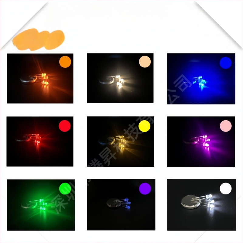 F3 LED karoliukai – aukšto ryškumo, srovė 20 mA, įtampa 1.8–2.2 V, galia 0.06 W, San'an lustas, 30° šviesos kampas