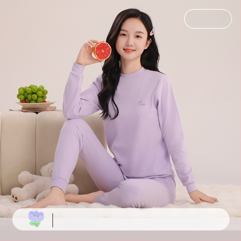 Mergaitėms skirtas medvilninis terminis pižamos komplektas – apvalios kaklo viršūnė ir kelnės, nuo 8 metų, 100% medvilnė, išlaiko šilumą