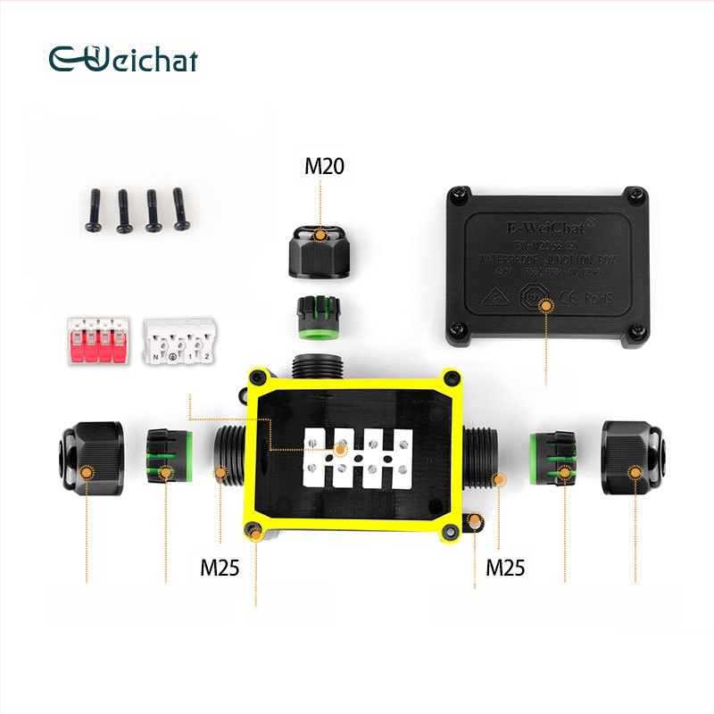 Išorinė vandeniui atspari LED skirstyklos dėžutė, 1 įvestis, 2 išvestys, plastikinė dėžė, modelis EW-M2068(S)-3T