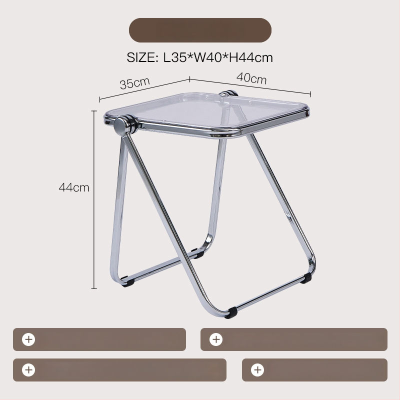 Sulankstomas skaidrus akrilinis šoninis staliukas su metalo rėmu, kvadratiniais kampais