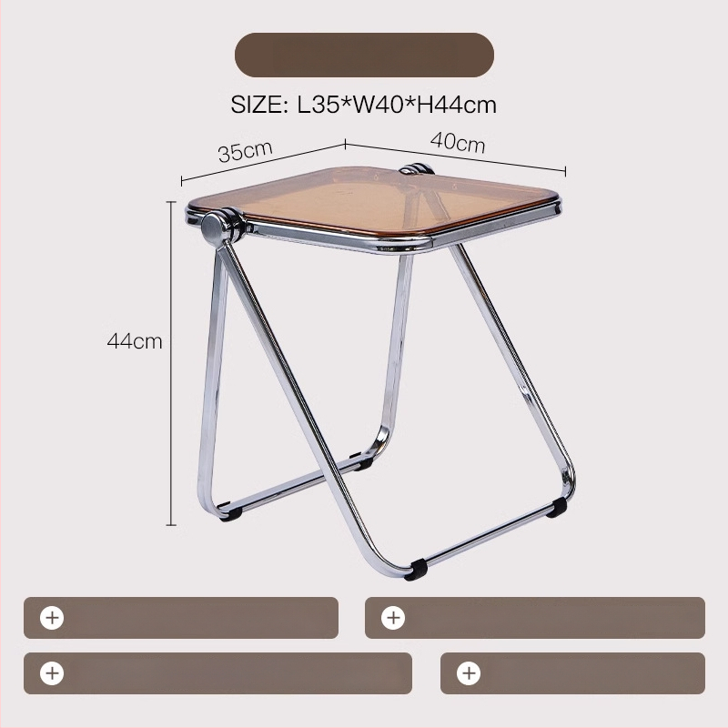 Sulankstomas skaidrus akrilinis šoninis staliukas su metalo rėmu, kvadratiniais kampais
