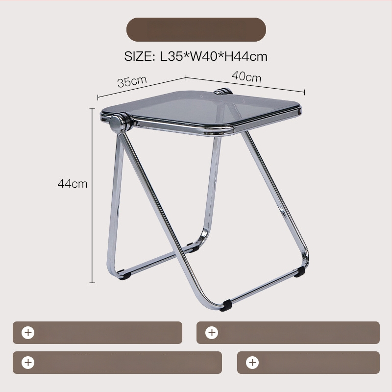 Sulankstomas skaidrus akrilinis šoninis staliukas su metalo rėmu, kvadratiniais kampais