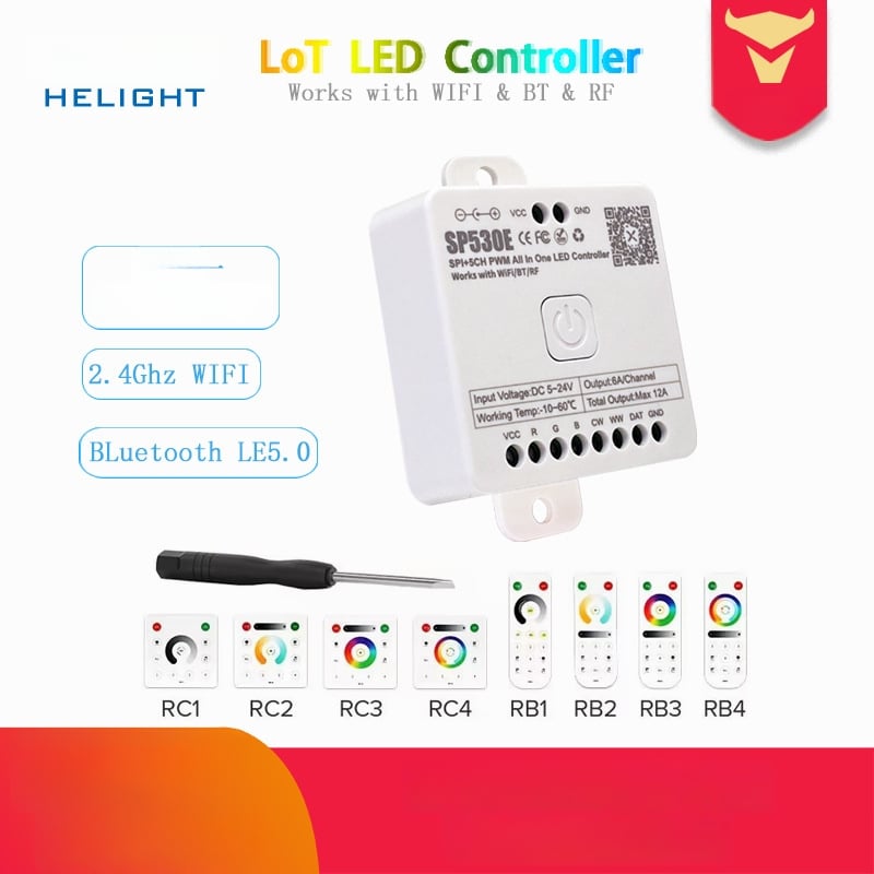 SP530E IoT LED valdiklis su dviejų režimų pagrindine mikroschema (Model SP530E, Prekė HELIGHT, Įtampa DC5-24V, Valdymo metodas Bluetooth programėlė ir nuotolinis valdymas, Valdymo diapazonas 10-20 m)
