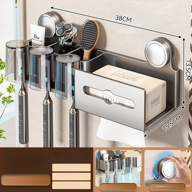 Šepetėlių laikiklis ir burnos skalavimo puodelio laikymo rėmas, sieninis montavimas, dviejų dalių komplektas (Prekės ženklas Baihan, Medžiaga Space Aluminum, Danga: Purškiamas plastikas, Stilius: Moderni paprastumas)