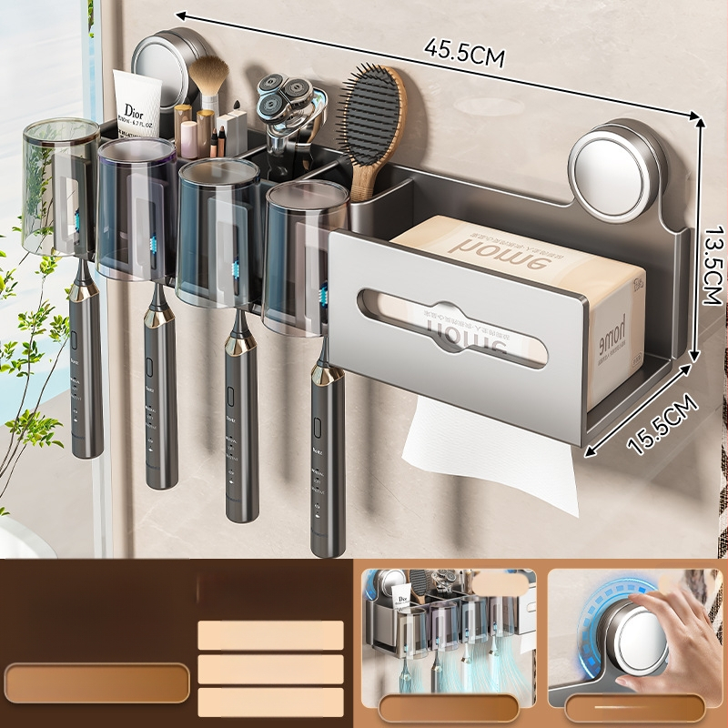 Šepetėlių laikiklis ir burnos skalavimo puodelio laikymo rėmas, sieninis montavimas, dviejų dalių komplektas (Prekės ženklas Baihan, Medžiaga Space Aluminum, Danga: Purškiamas plastikas, Stilius: Moderni paprastumas)