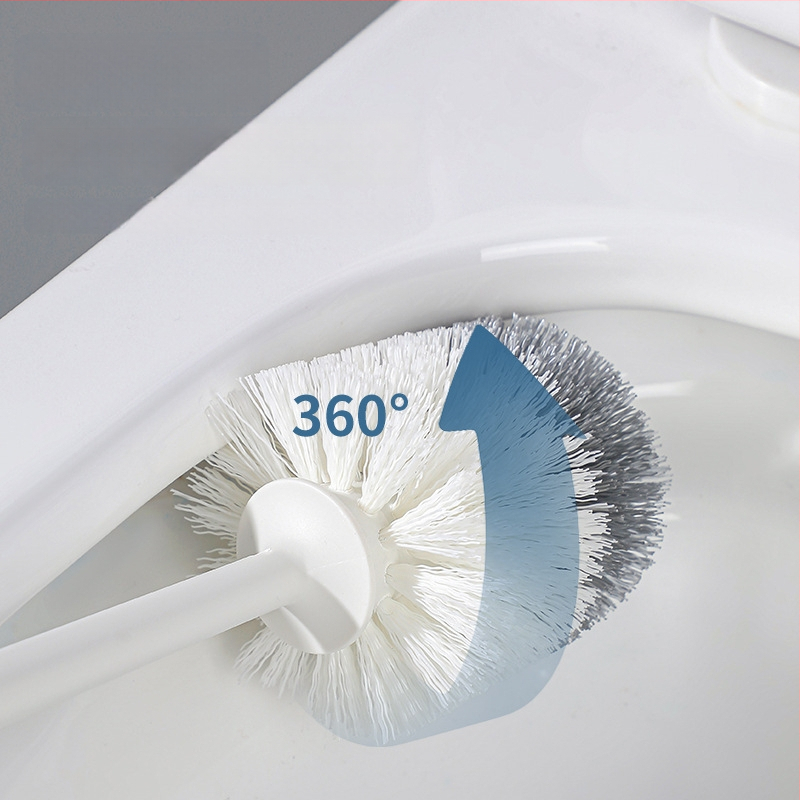 Toaletės šepetėlis su minkštomis šerelėmis, apvali galva, sieninis laikiklis su apsauga nuo purslų, ilgą kotą, su pagrindu, iš plastiko